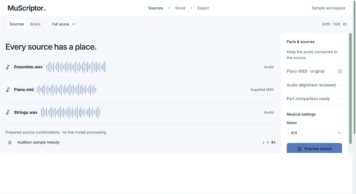 MuScriptor sources, score and export workspace