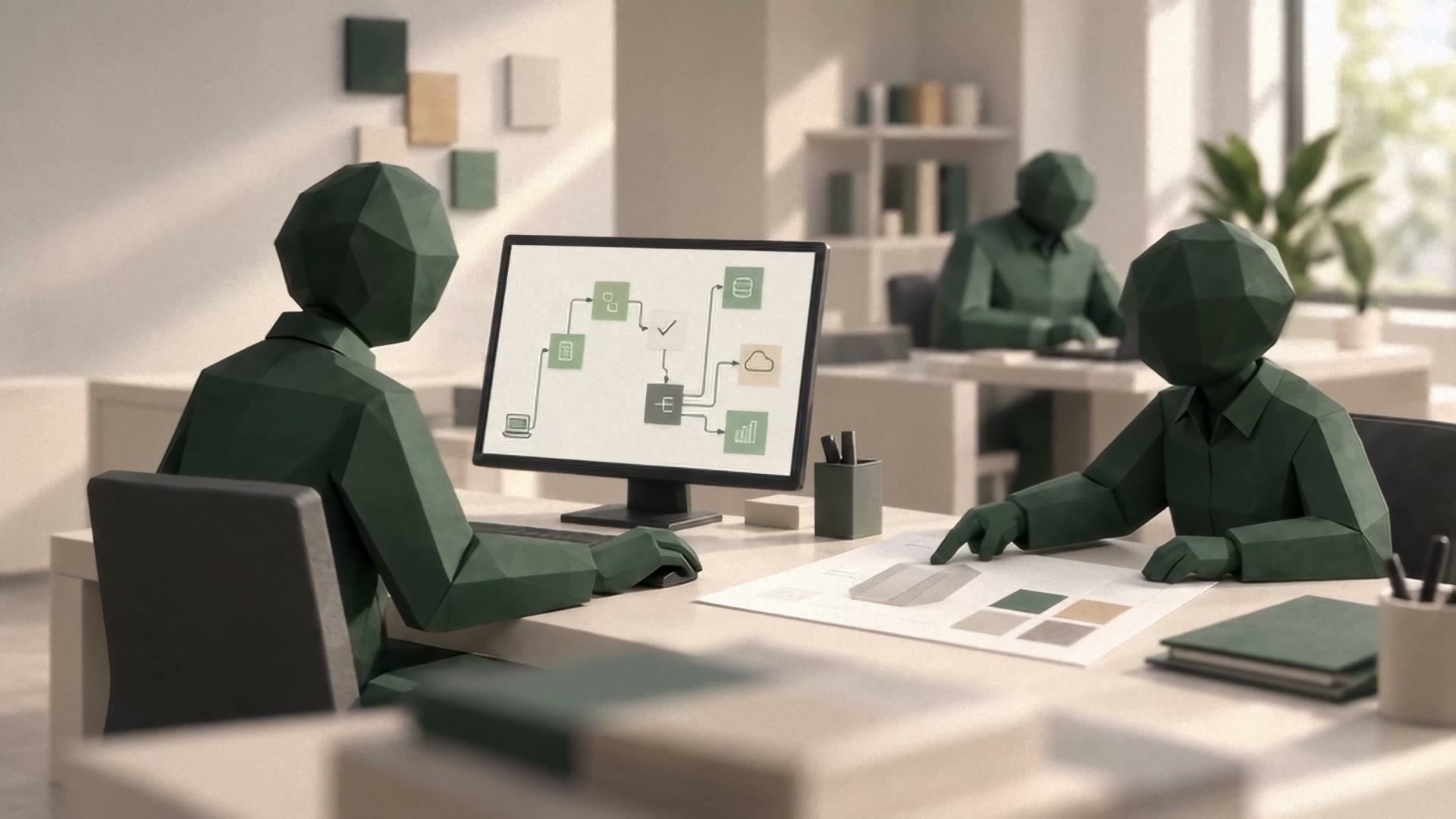 Two client team members work with the connected system on screen